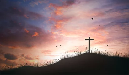 Foto auf Alu-Dibond Religiöses Konzept: Silhouettenkreuz und Vögel, die auf Sonnenaufgangshintergrund fliegen © paul