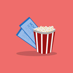 Movie tickets and popcorn on pink background 