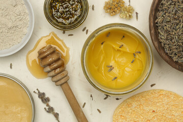 Natural homemade organic cosmetic. Creams and balms with herbal ingredients, top view.