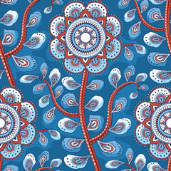 Mehndi leaves & flowers pattern grouped into twisted branches. Seamless floral texture with traditional paisley decorative element. Blue, red colored almond-shaped ornament. Mandala & buta textile.