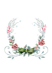 Christmas wreath with holly branches isolated on white. Hand drawn watercolor illustration.