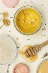 Natural homemade organic cosmetic. Creams and balms with herbal ingredients, top view.