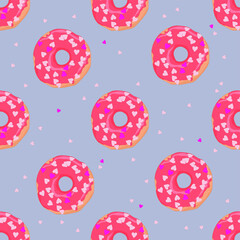 Cartoon donuts with red glaze and little hearts seamless pattern. Vector illustration  for St. Valentine's day for games, background, pattern, decor. Print for fabrics and other surfaces.