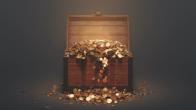 The wood chest is opening and exploding of golden coins. A precious treasure.