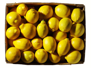 Fresh lemons in a box. On a white background. Top view.	