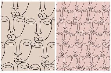 Seamless Vector Patterns with Woman Face Isolated on a Salmon Pink and Beige Background. Line Art Repeatable Print. Female Head.