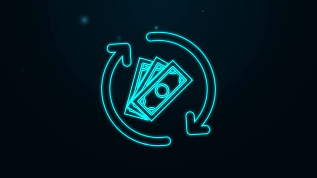 Glowing neon line Refund money icon isolated on black background. Financial services, cash back concept, money refund, return on investment, savings account. 4K Video motion graphic animation.
