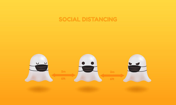 Happy halloween 2020 social distancing tips. Cute 3d ghost wearing face mask. Vector illustration for background or landing page.