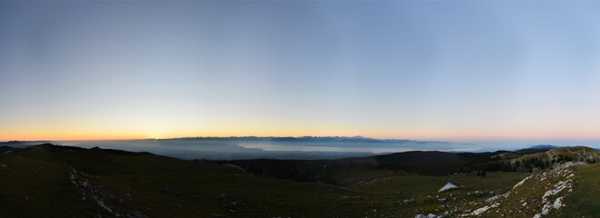 Panorama of the sunrise on the Monte Tendre mountain