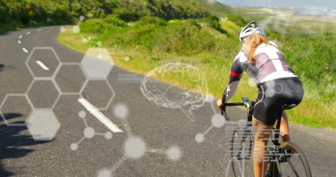 Scientific data processing against woman cycling on the road