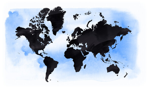 The black Vintage map of the world on a blue background. Horizontal Watercolor illustration.