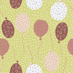 Pastel maroon and beige balloons with circles and dots print seamless pattern. Dotted pale yellow background.