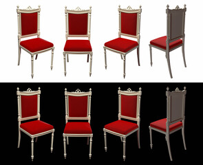 Vintage chair with red upholstery in different angles. Isolated on a white and black background. 3D render