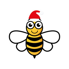 Cartoon happy festive bee mascot character illustration. Cute bee with Santa hat vector isolated on white. Merry Christmas concept.