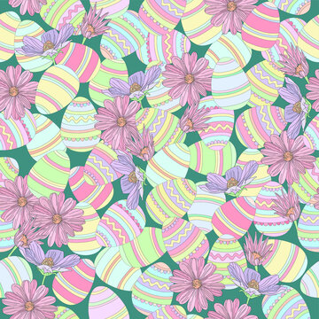 Colorful easter eggs and spring flowers seamless pattern. Vector illustration in pastel colors on dark blue background for games, background, pattern, decor. Print for fabrics and other surfaces.