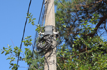  internet optical fiber connection box in a pole ,   Web of wires ,  Uncovered optical fiber...