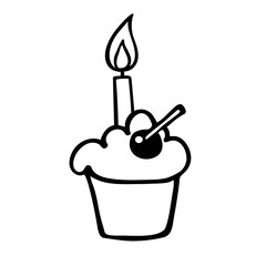 Cupcake with burning candle. Hand drown vector. Design for birthday, party invitation, logo, sticker, greeting card, shirt print. Happy birthday. Anniversary celebration Template. Clip linear icon