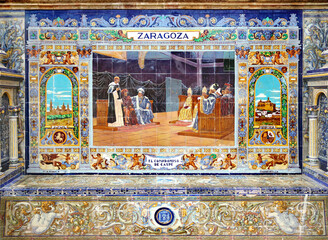 Image with the name of the spanish city of Zaragoza and a historical scene painted on ceramic tiles...