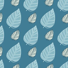 Seamless pattern with doodle leafs silhouettes. Simple botanic outline artwork in blue pastel palette.