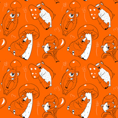 Seamless pattern with different guinea pigs and mushrooms. Animalistic vector background. Orange and white tones. Can be used for wallpapers, pattern fills, textile, surface textures