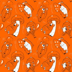 Seamless pattern with different guinea pigs and mushrooms. Animalistic vector background. Orange and white tones. Can be used for wallpapers, pattern fills, textile, surface textures