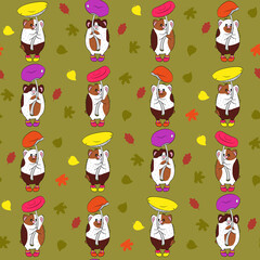 Seamless pattern with different guinea pigs, mushrooms and leaves. Animalistic vector background. Brown, yellow, purple, pink and orange tones. Can be used for wallpapers, textile, surface textures