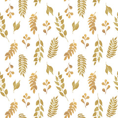 Floral gold seamless pattern with leaves, branches, berries. Endless pattern will be perfect for fabric, textile product, bed line, wedding invitation, template card, Birthday card, poster