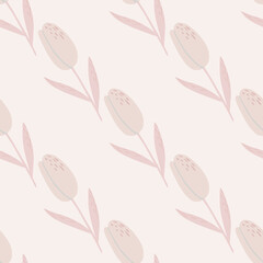 Seamless pale pattern with tulips. Flower simple silhouettes on light pale artwork.