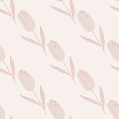 Seamless pale pattern with tulips. Flower simple silhouettes on light pale artwork.