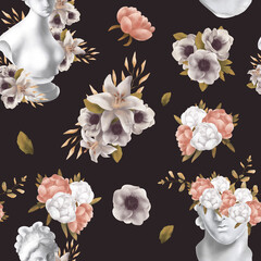 Floral raster seamless pattern. Botanical motifs with greek statue . Illustration with flowers can be used for wallpapers, pattern fills, web page backgrounds,surface textures. Gorgeous flowers - 378783088