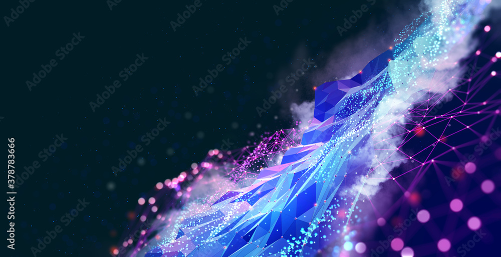 Fototapete Abstract neural network 3D illustration. Big data concept. Global database and artificial intelligence. Bright, colorful background with bokeh effect