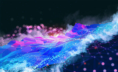 Obraz na płótnie Canvas Abstract neural network 3D illustration. Big data concept. Global database and artificial intelligence. Bright, colorful background with bokeh effect