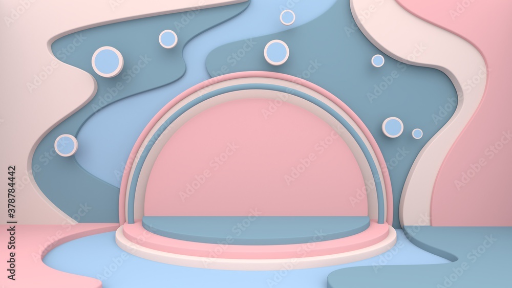 Poster stand platform with wavy backdrop and floated up bubble colour pastel cartoon style for showcase.3d 