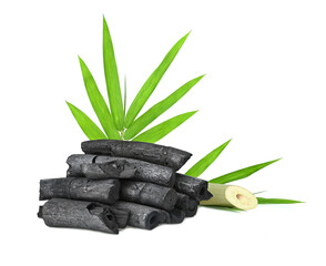 Charcoal bamboo natural and leaf on white background