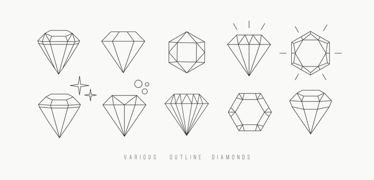 Various thin line Outline Diamonds. Precious stones. Minimalistic gemstone Icons. Elegant geometric design. Trendy Vector illustrations. Luxury jewelry concept. All elements are isolated