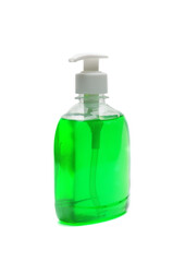 Green liquid soap bottle on white background