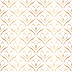 Art deco seamless pattern. Abstract geometric background with gold line. Thin fan tiles. Elegant fishnet. Graphic backdrop. Subtle golden wallpaper. Modern stylish texture. Art deco lattice