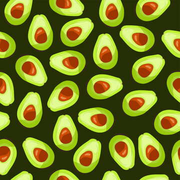 Realistic avocado halfs seamless pattern. Cartoon vector illustration on dark green background for games, wallpaper, decor. Print for fabrics and other surfaces