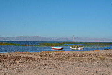 Fototapeta na wymiar Small colorful boats at the shore line of village Llachon to Titicaca lake on a sunny morning with blue sky. 