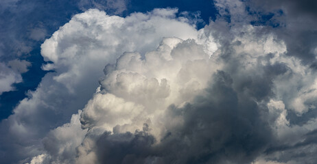 Against the blue sky, Cumulus clouds are white, gray, and dark gray