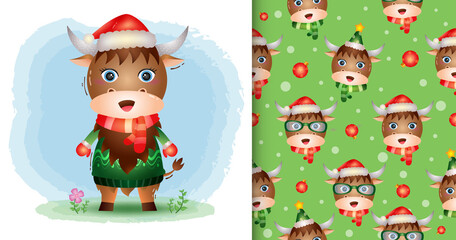 a cute buffalo christmas characters collection with a hat, jack