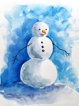 Christmas winter holiday symbol in a watercolor style, on blue background, happy holidays.