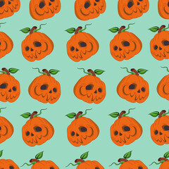 Cartoon Halloween pumkin seamless pattern. Vector illustartion on dusty green background for games, background, pattern, decor. Print for fabrics, wallpapers and other surfaces.