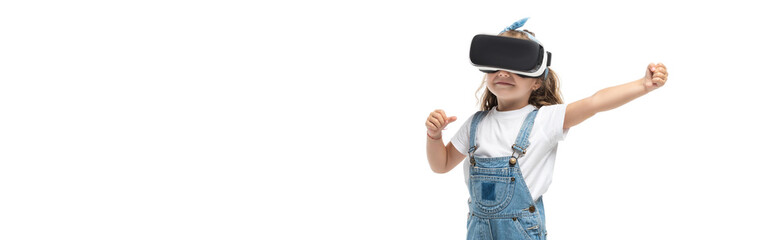 girl in virtual reality headset gesturing isolated on white, panoramic shot