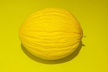 Yellow melon on bright yellow background. Food concept. Flat lay with shadow