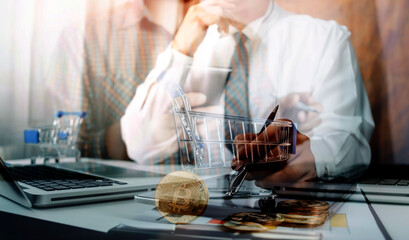businesswoman holding coins putting in glass with using smartphone and calculator to calculate concept saving money for finance accounting
