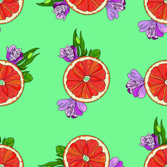Cartoon orange slices with flowers seamless pattern. Vector illustration template on green background for games, background, pattern, decor. Print for fabrics and other surfaces