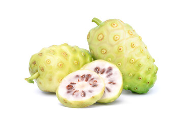 Noni or Morinda Citrifolia fruits with sliced  isolated on white background.