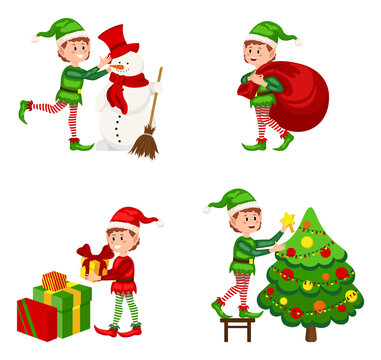 Christmas elf in different positions. Santa Claus helpers cartoon, cute dwarf elves fun characters, santas helper, Xmas little green fantasy assistant. Winter 2021