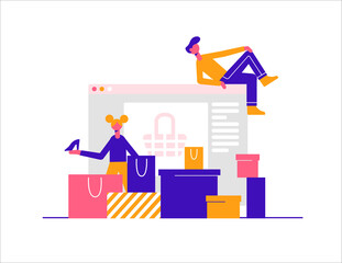 Online shopping concept. Modern vector minimalistic illustration. Young people makes purchases in the online store.